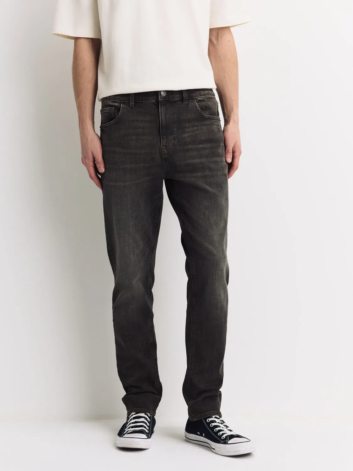 Джинсы классические стрейч, модель Single Skinny Fit Next, темно-коричневые с рисунком елочка