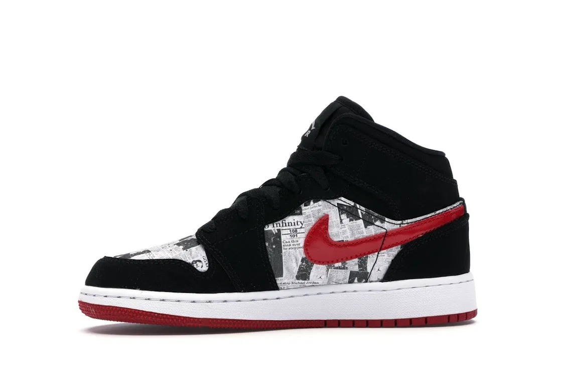 Детские кроссовки с газетным принтом Jordan 1 Mid Jordan, Black/Gym Red-White — фото 3