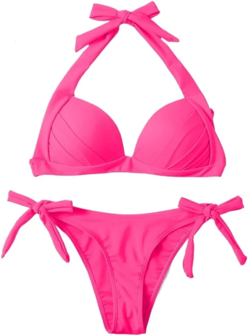 Женский бикини-сет с узлом на спине Push Up Halter, Hot Pink