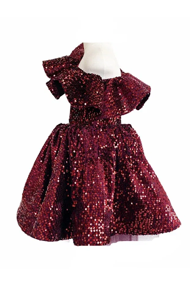 Детское платье для девочек бархатное с принтом Burgundy One Shoulder Velvet Girls Evening Dress Zühre Balaban, Burgundy — фото 4