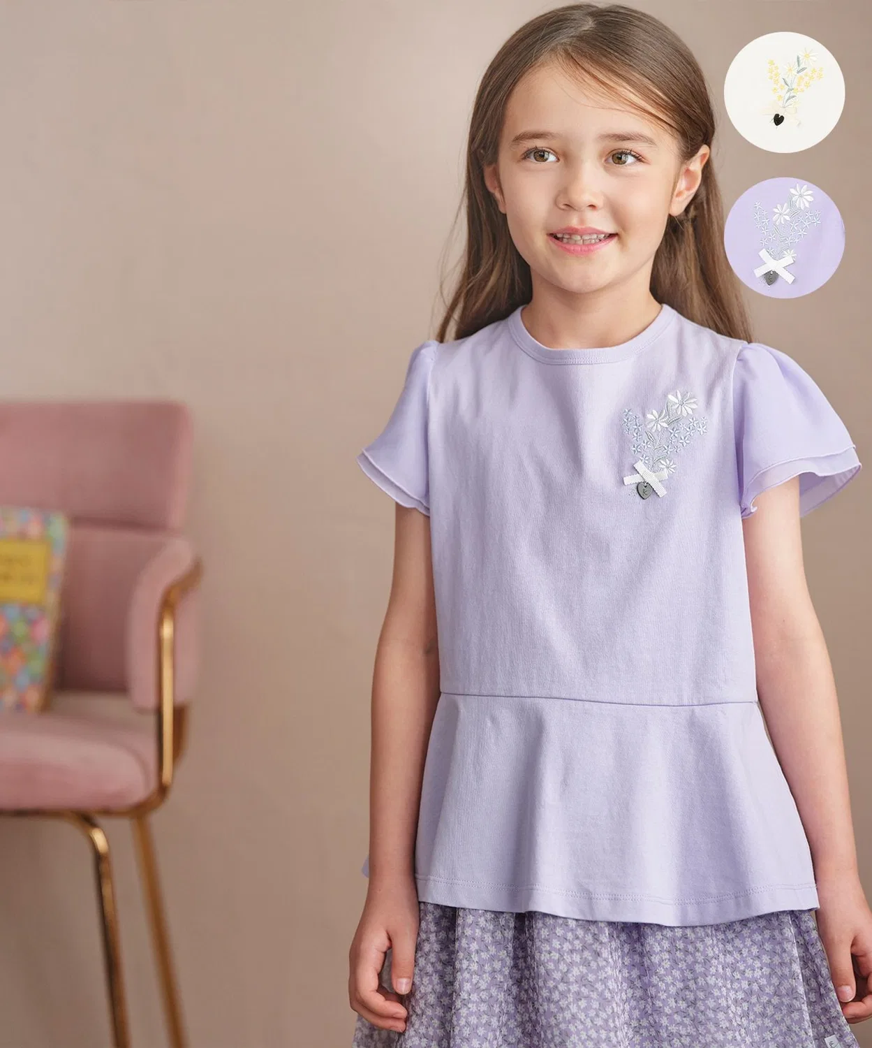 Детская футболка с цветочной брошью, с флай-рукавом, модель Flower Corsage Kumikyoku KIDS, Lilac