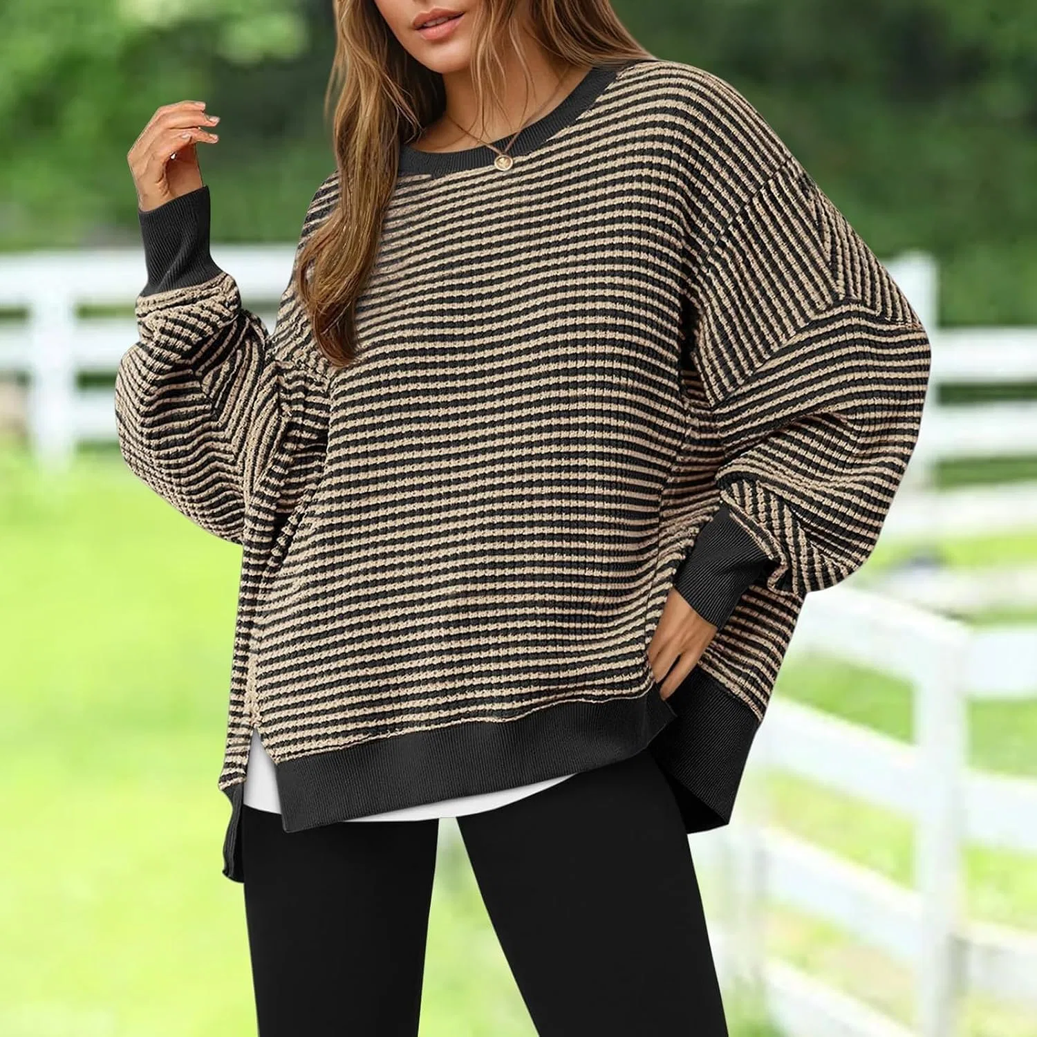 Женский свободный свитшот с длинным рукавом, Oversized Striped Sweatshirt, тёмно-серый — фото 2