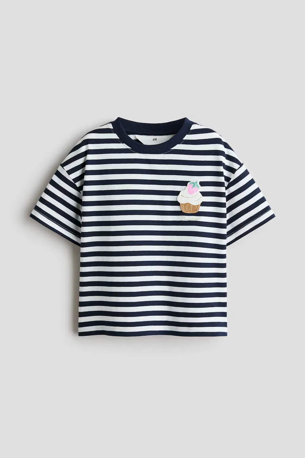 Хлопковая футболка с аппликациями H&M, Weiß/Marineblau Gestreift — фото 3