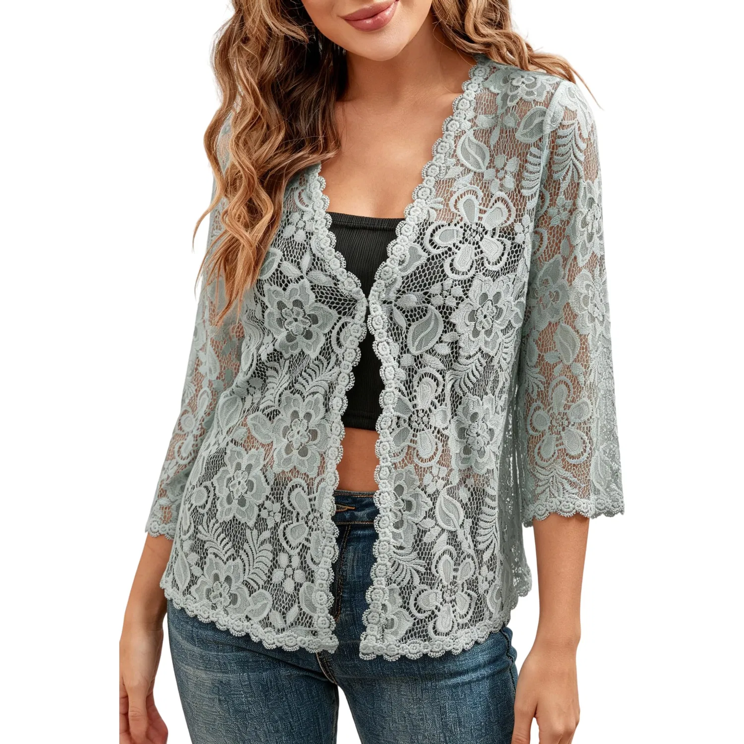 Женский кардиган с цветочным кружевом с рукавом 3/4, модель Bolero, Gray