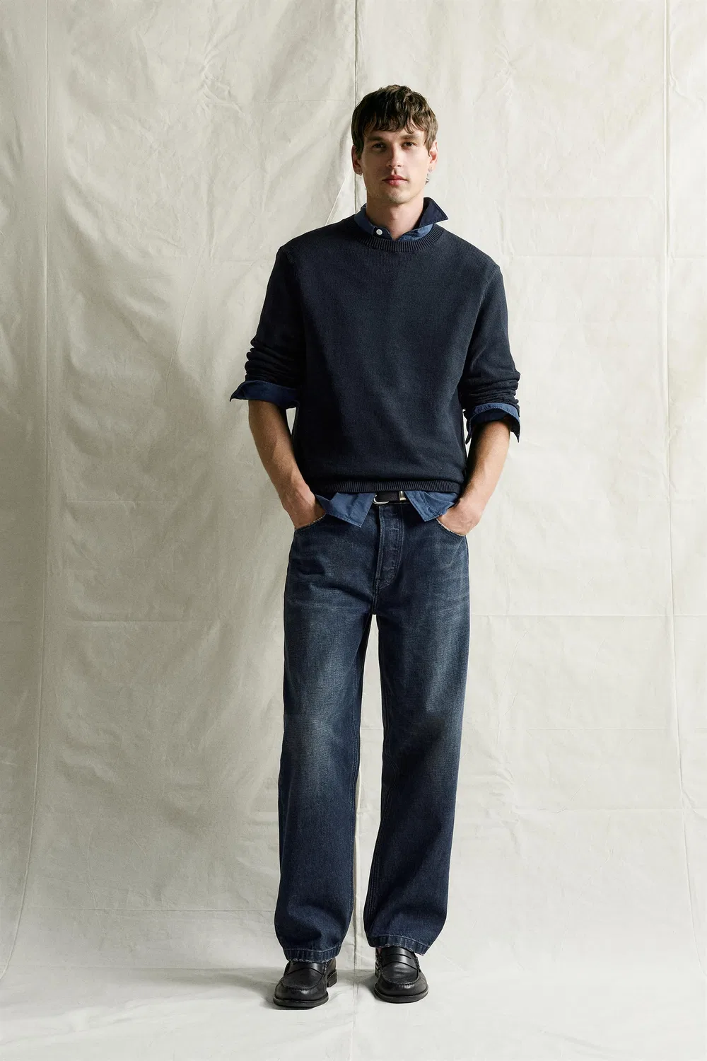 Хлопково-льняной джемпер стандартного кроя ZARA, Dark navy