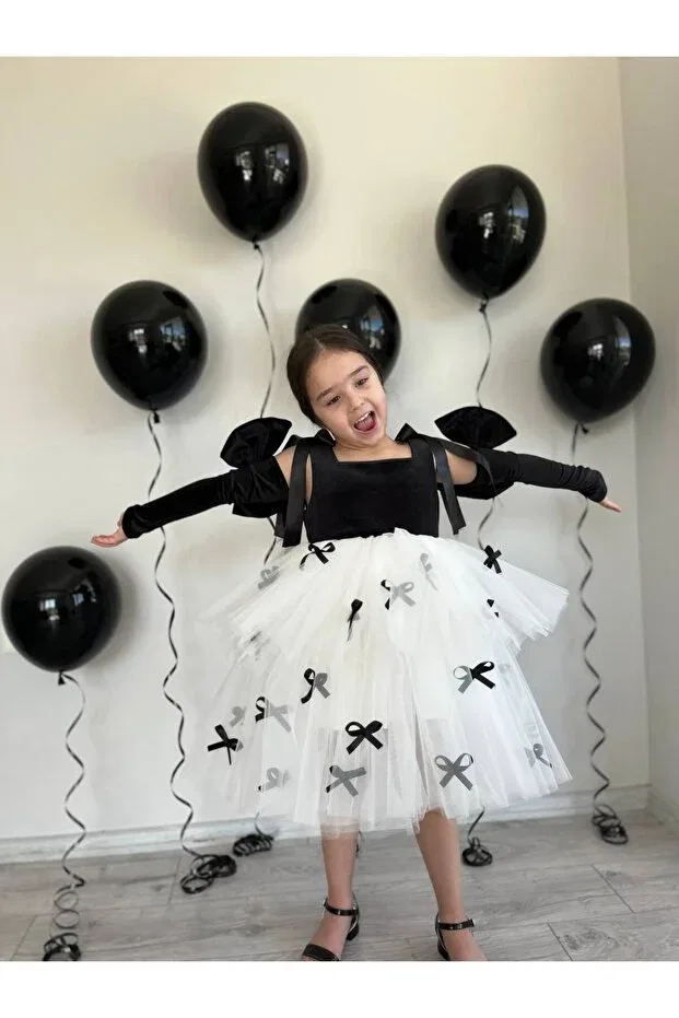 Детское платье для девочек с принтом Black White Princess Girl Kid Party Birthday Fluffy Tutu Evening Dress Gown Sare Çocuk Giyim, Black — фото 4