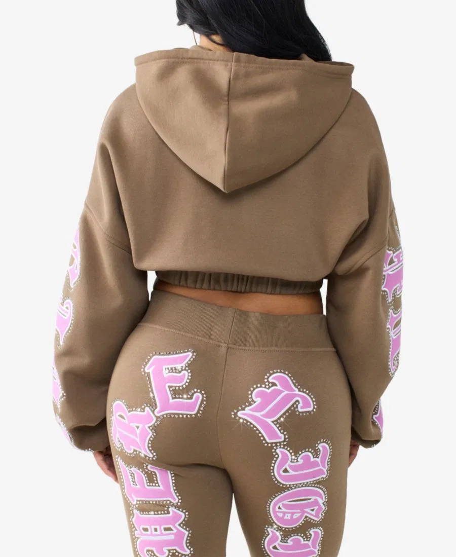 Худи с молнией и кристаллами, свободного кроя, модель Crystal Patched Relaxed Girlfriend Zip Hoodie True Religion, Shitake — фото 3