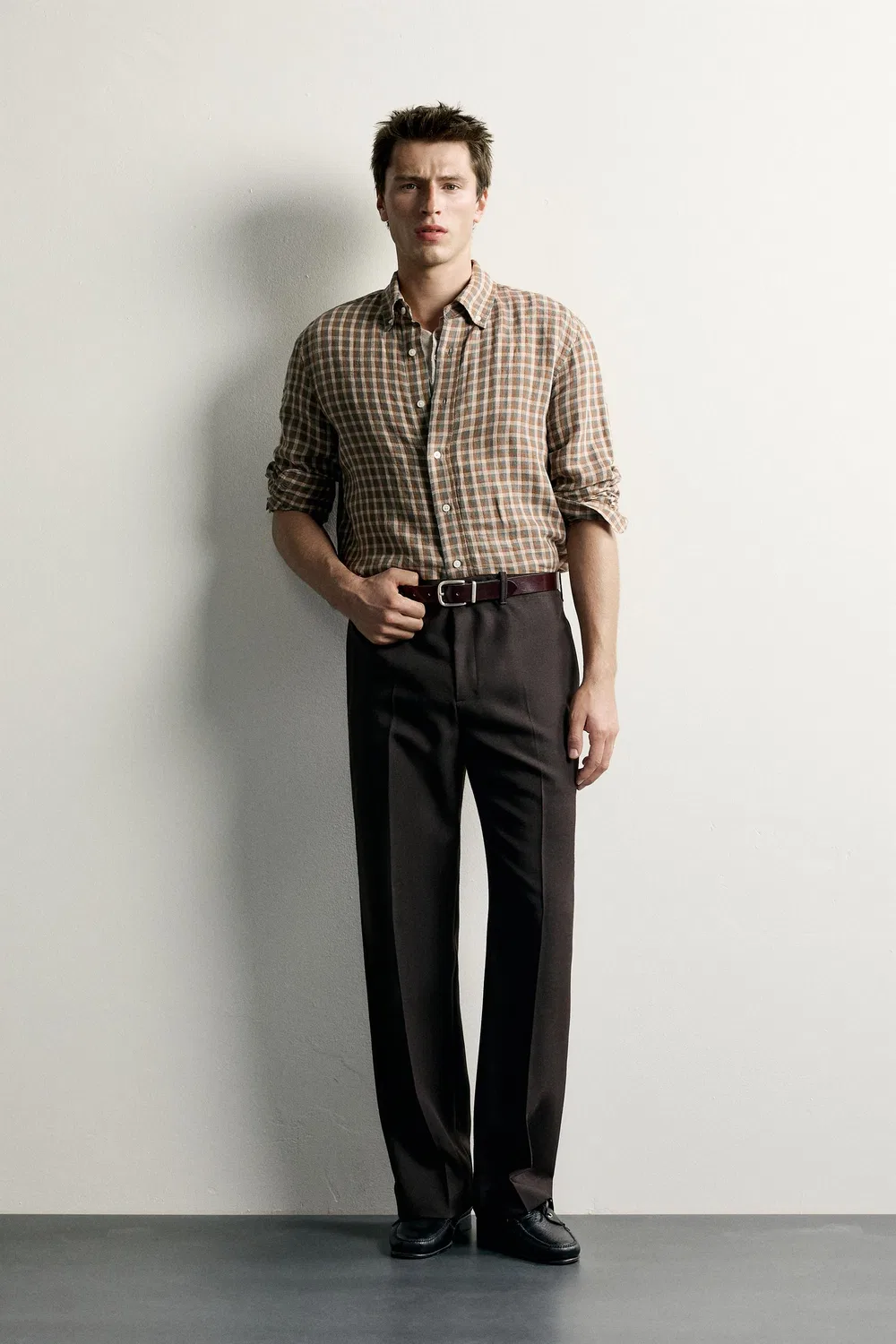 Рубашка в клетку из 100% льна ZARA, Khaki
