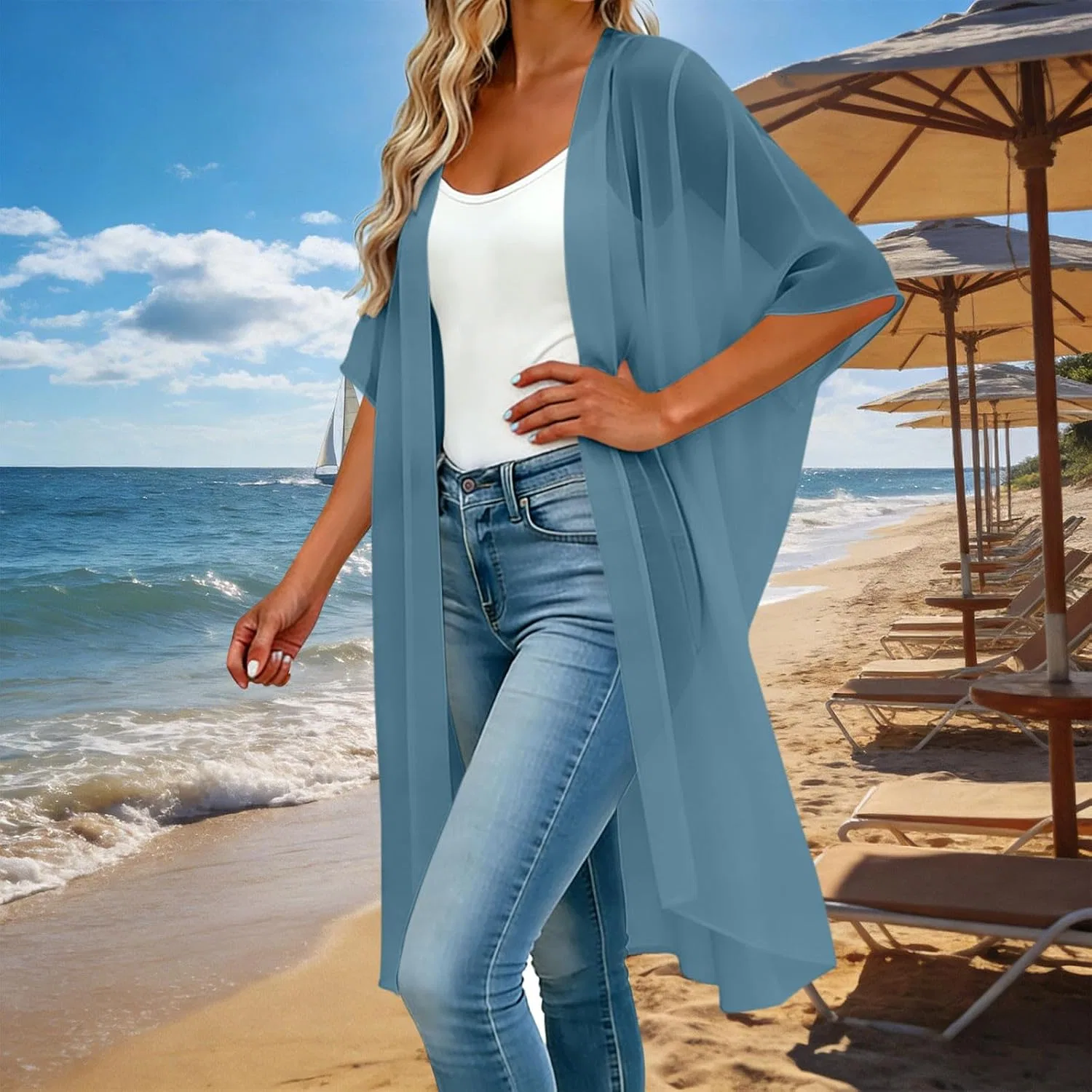 Женский пляжный кардиган миди свободный богемный, Blue — фото 2