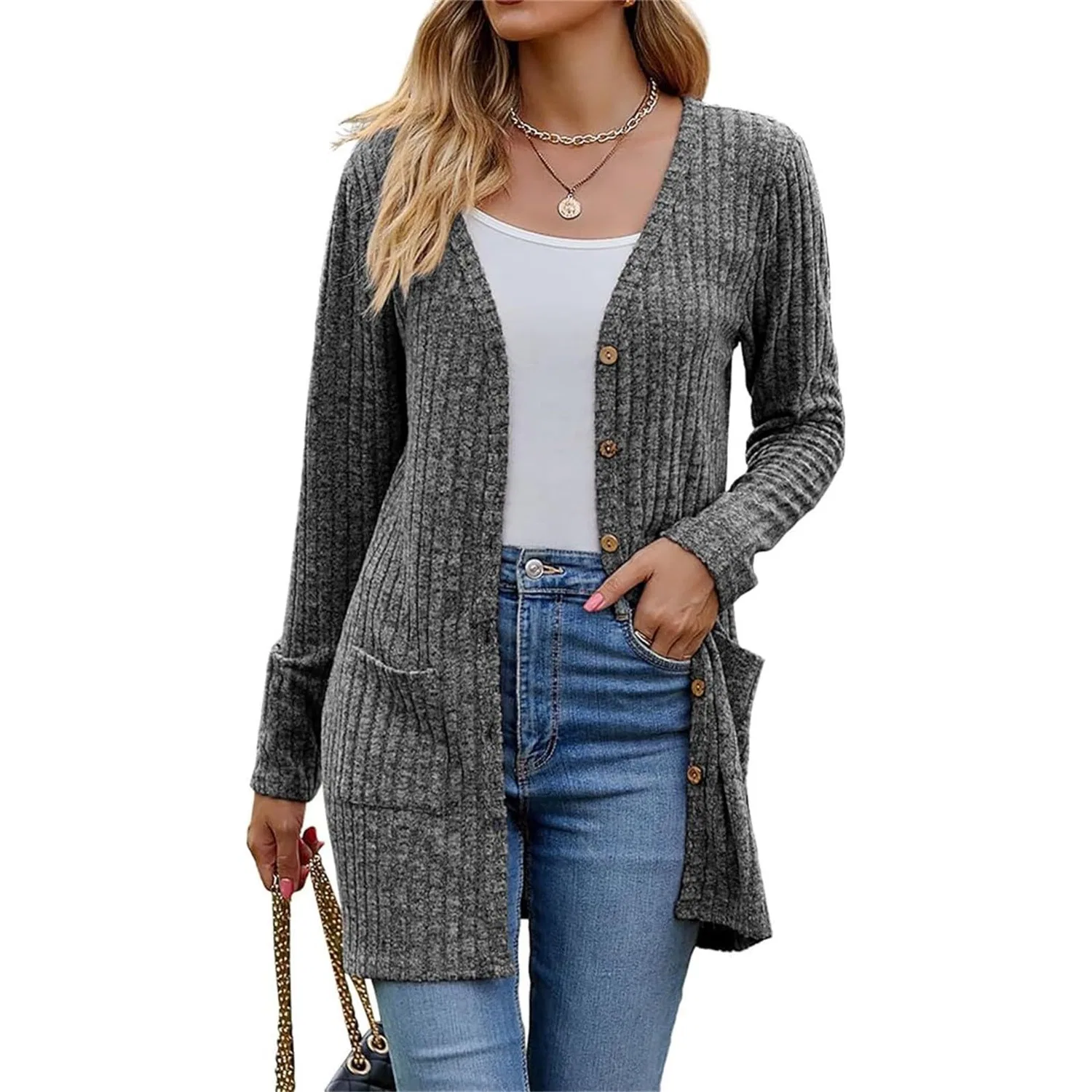 Женский кардиган свободного кроя Ribbed Tops, Grigio Scuro — фото 2