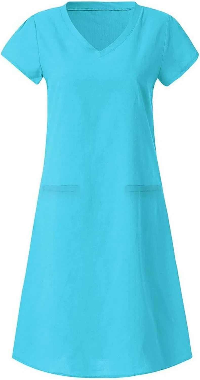 Женское платье миди с V-образным вырезом Cotton Linen, Sky Blue — фото 2