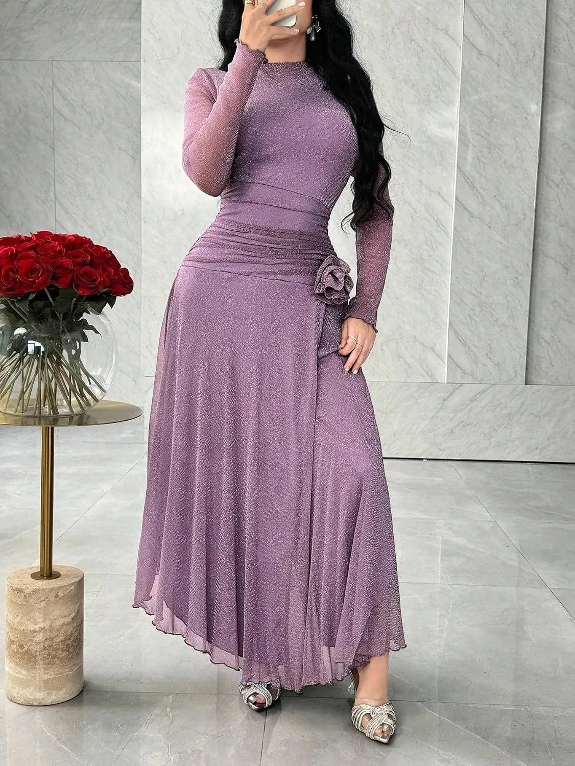 Женское повседневное миди-платье с длинным рукавом Elegant Party Dress, Purple — фото 4