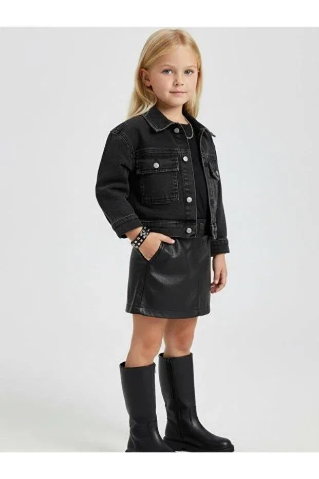 Детский джинсовое жакет для девочек с карманами Zekids, Black — фото 2