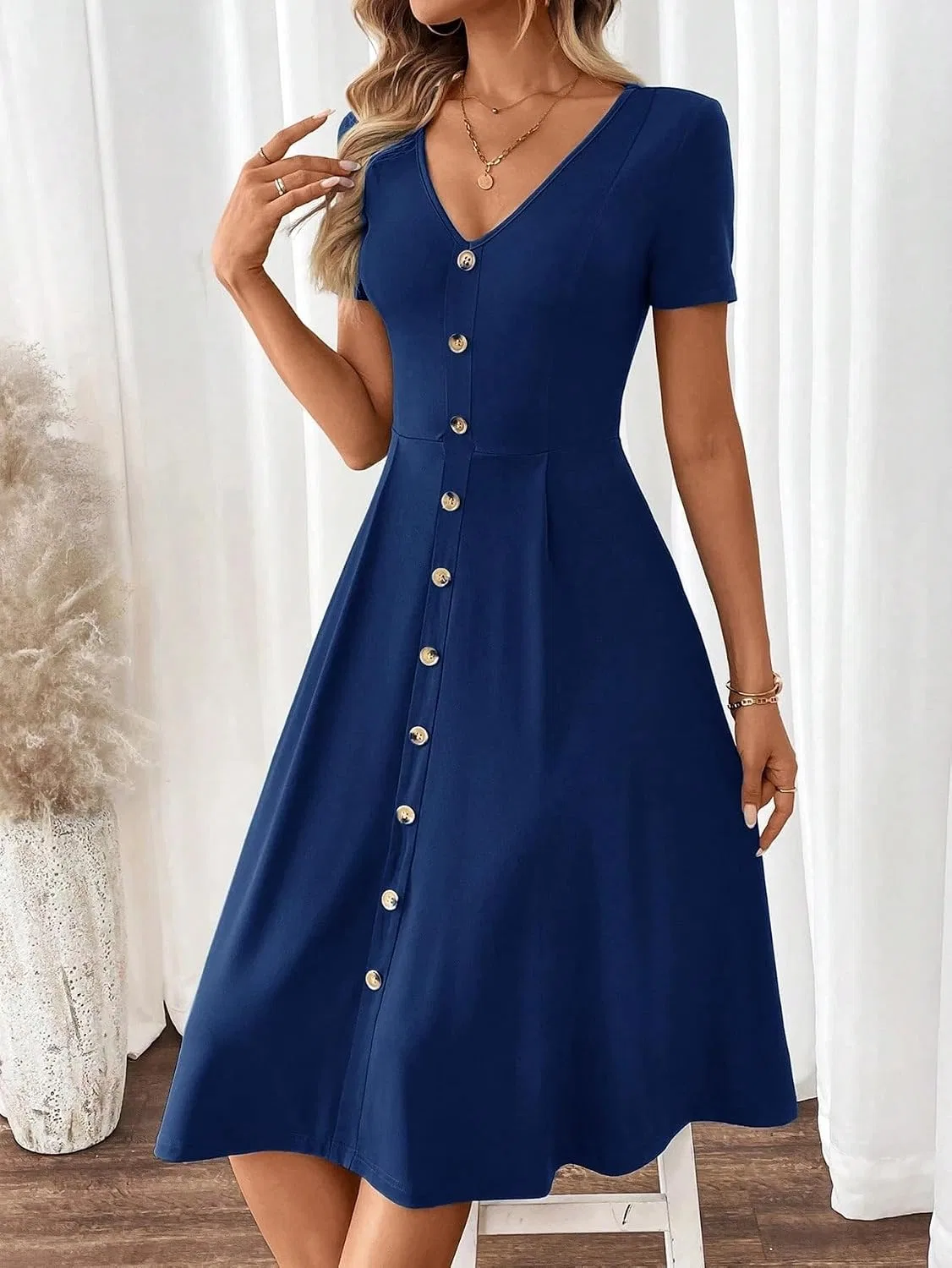 Женское платье миди V-образным вырезом Casual, Navy Blue — фото 3