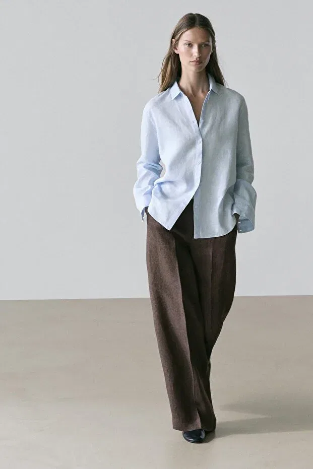 Женская рубашка льняная Massimo Dutti, Sky Blue — фото 3