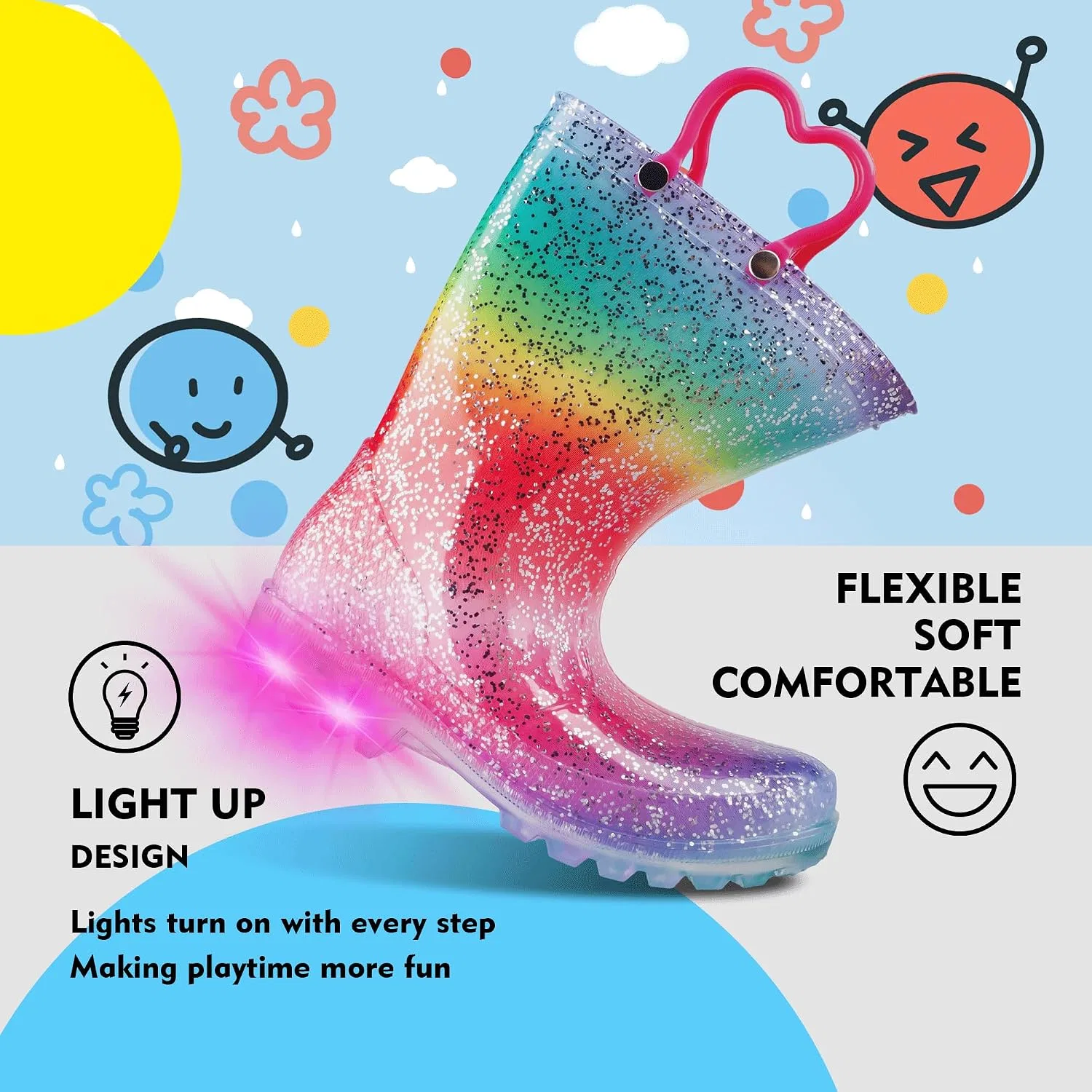 Детские сапоги дождевые со светящейся подошвой GAWBAW, Multi Rainbow — фото 4