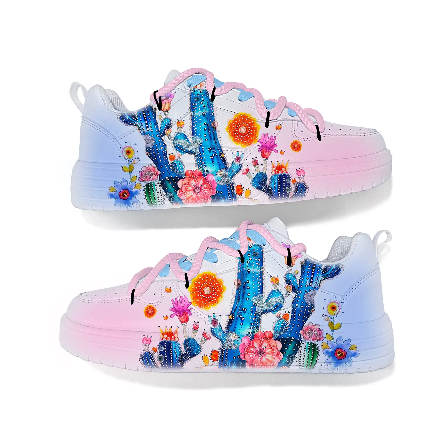 Детские кроссовки с принтом кактуса Crisscross Strap Cactus Flower ZUOLENGCHAN, White Pink Blue — фото 4
