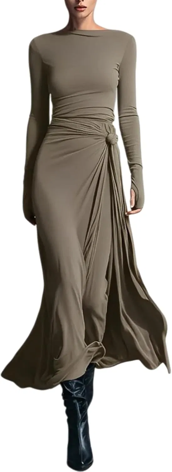 Женское облегающее макси-платье с высокой горловиной Ruched, Khaki