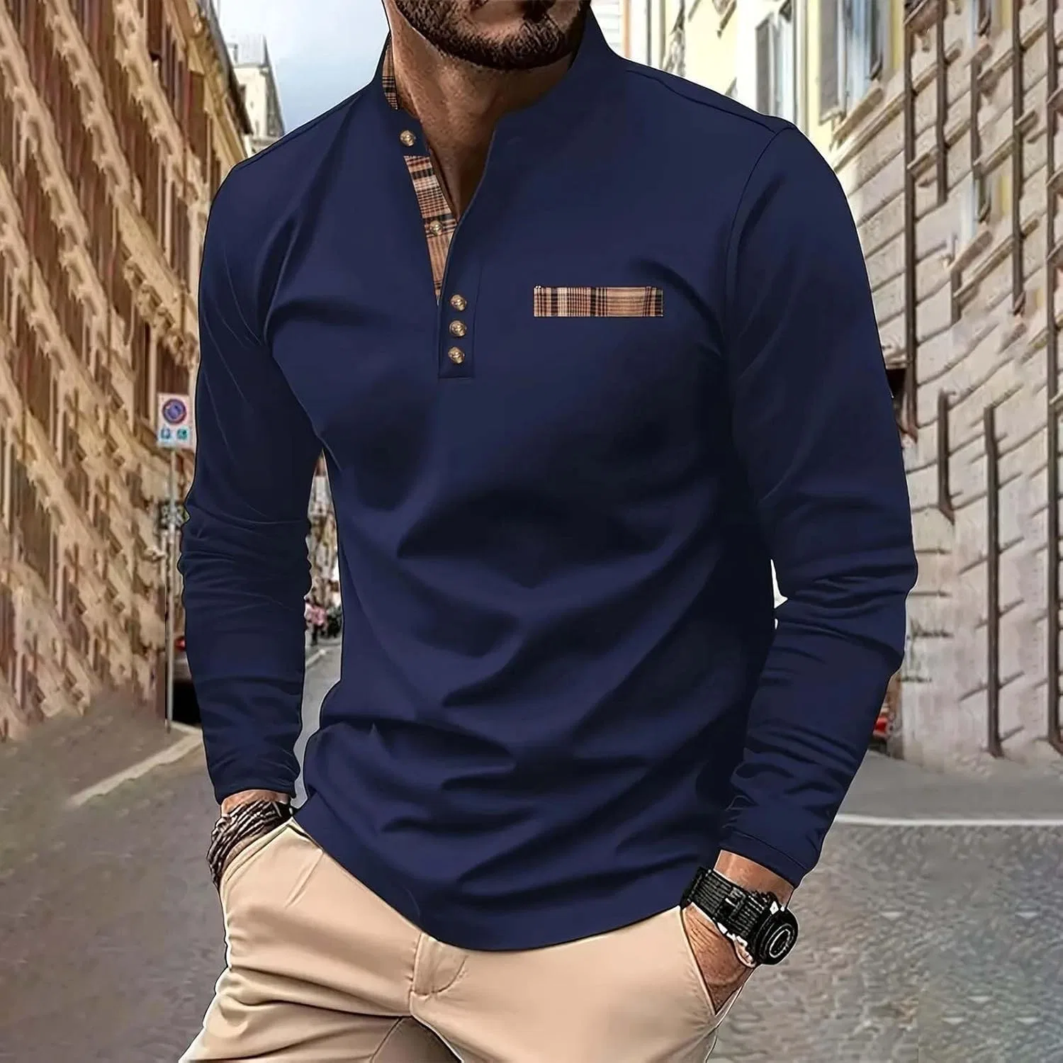 Мужская футболка с воротником-стойкой Henley Pullover, Navy — фото 2