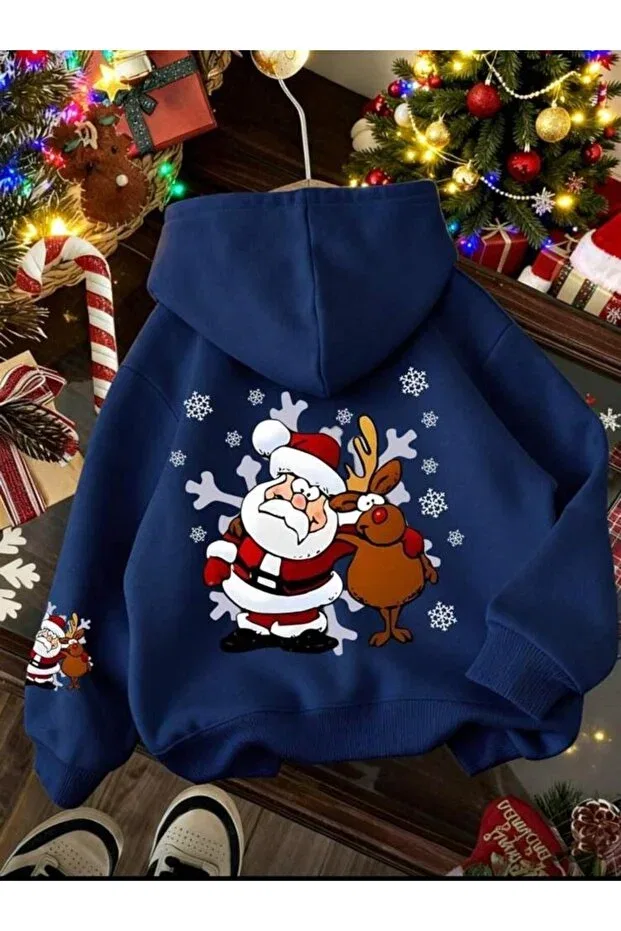 Детское худи для мальчиков с принтом Santa Claus Printed Hooded Daxia, Navy Blue