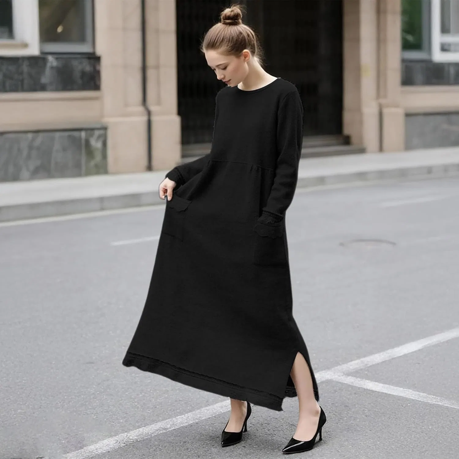 Женское платье-свитшот с кружевом Generic, Black — фото 2