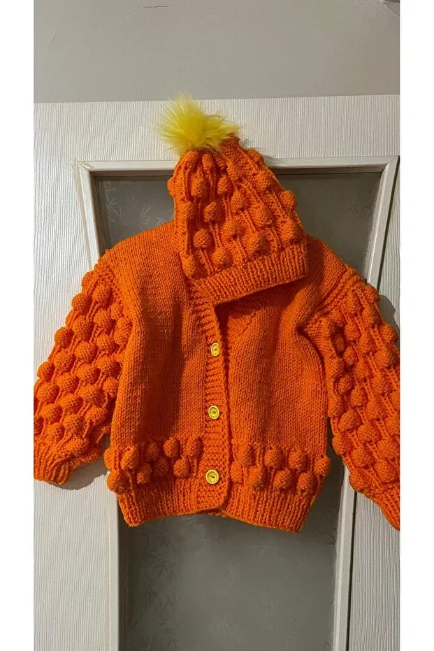 Детский кардиган ручной вязки с капюшоном El Örgüsü Cici Bebe, Orange — фото 2