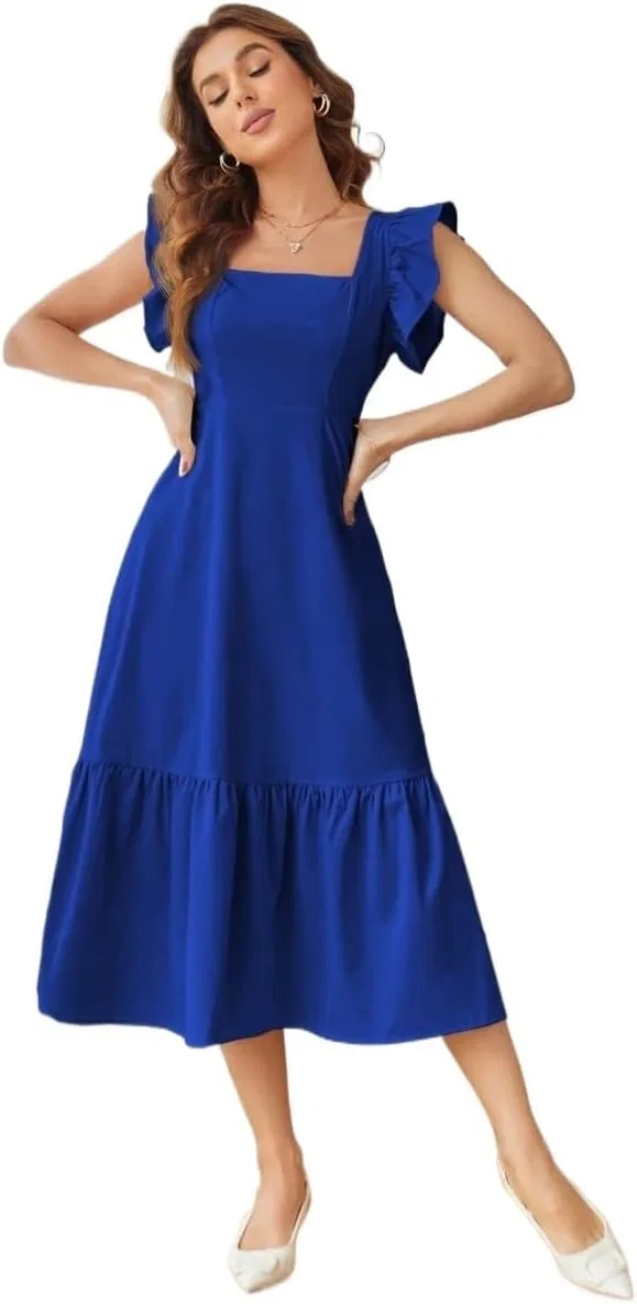 Женское миди-платье с квадратным вырезом без рукавов, рюшами, Royal Blue — фото 3