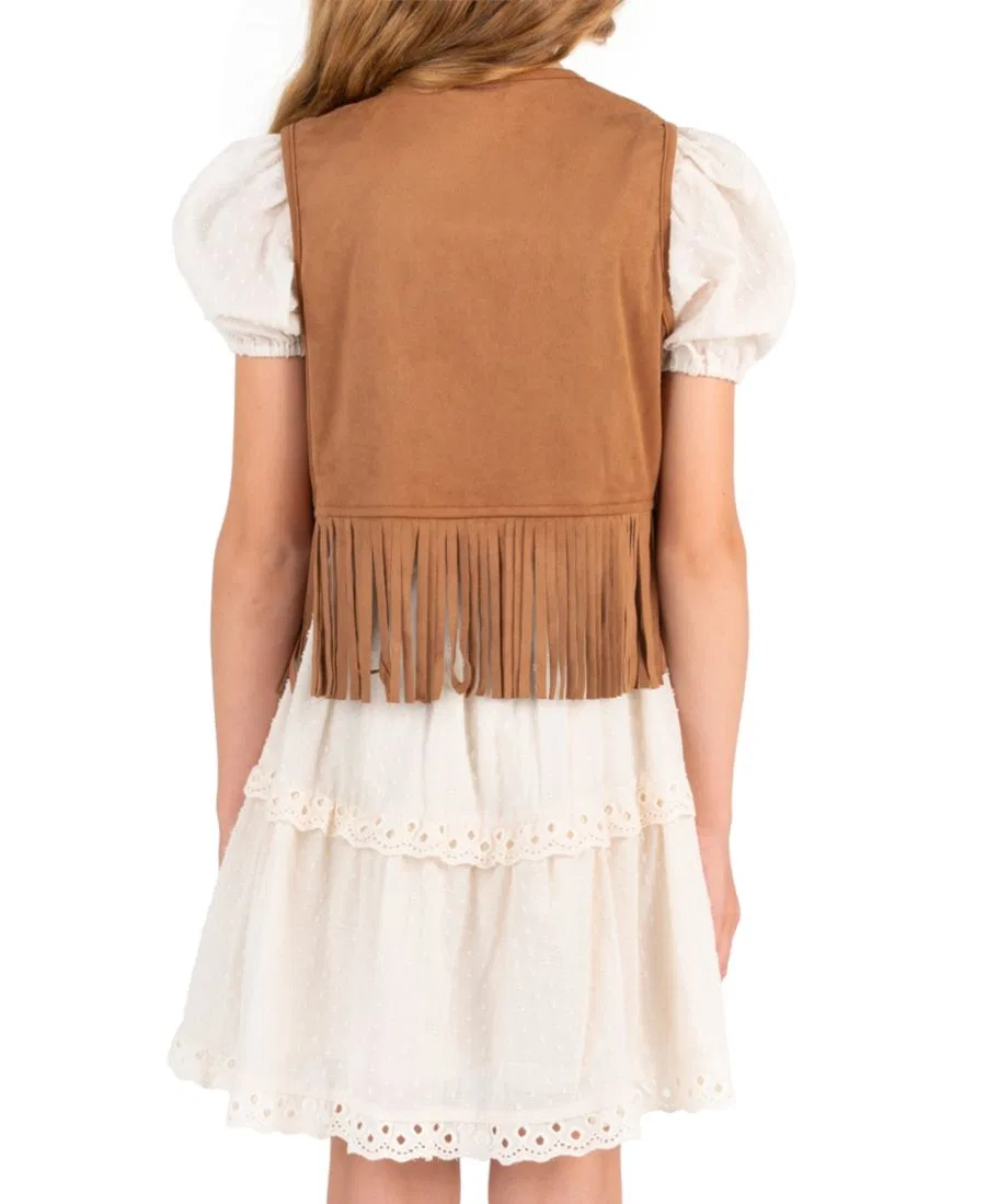 Комплект из платья и жилета с бахромой Clip Dot Cotton Puff Sleeve Dress Rare Editions, Ivory — фото 3