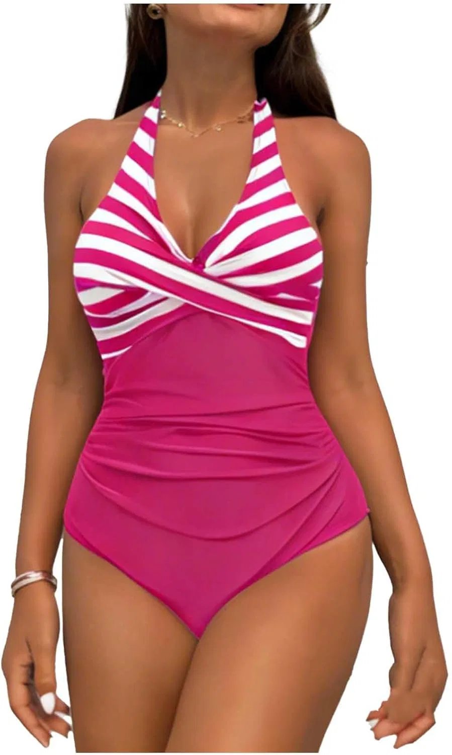 Женский слитный купальник с полосками, Hot Pink