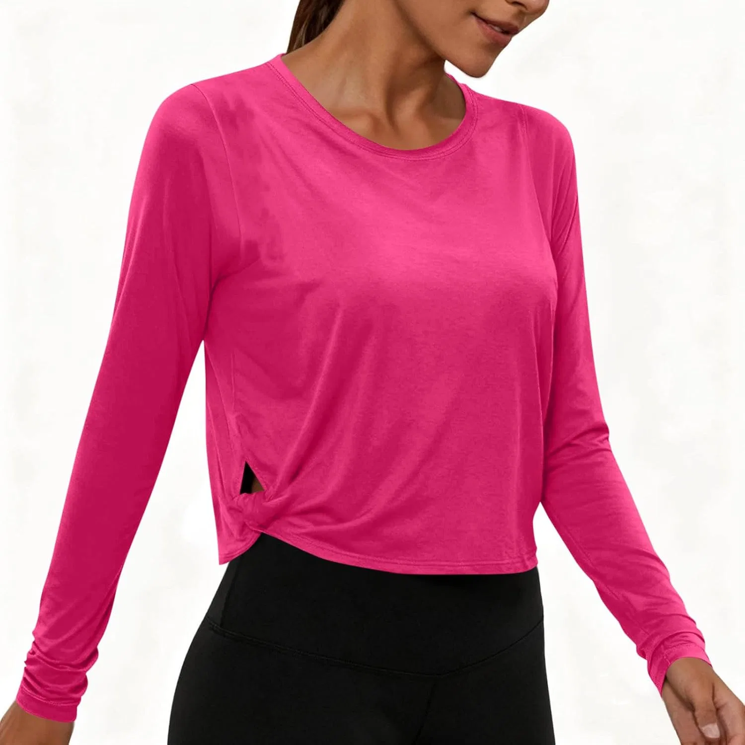 Женская легкая футболка с длинным рукавом Crop Tops, Hot Pink — фото 2