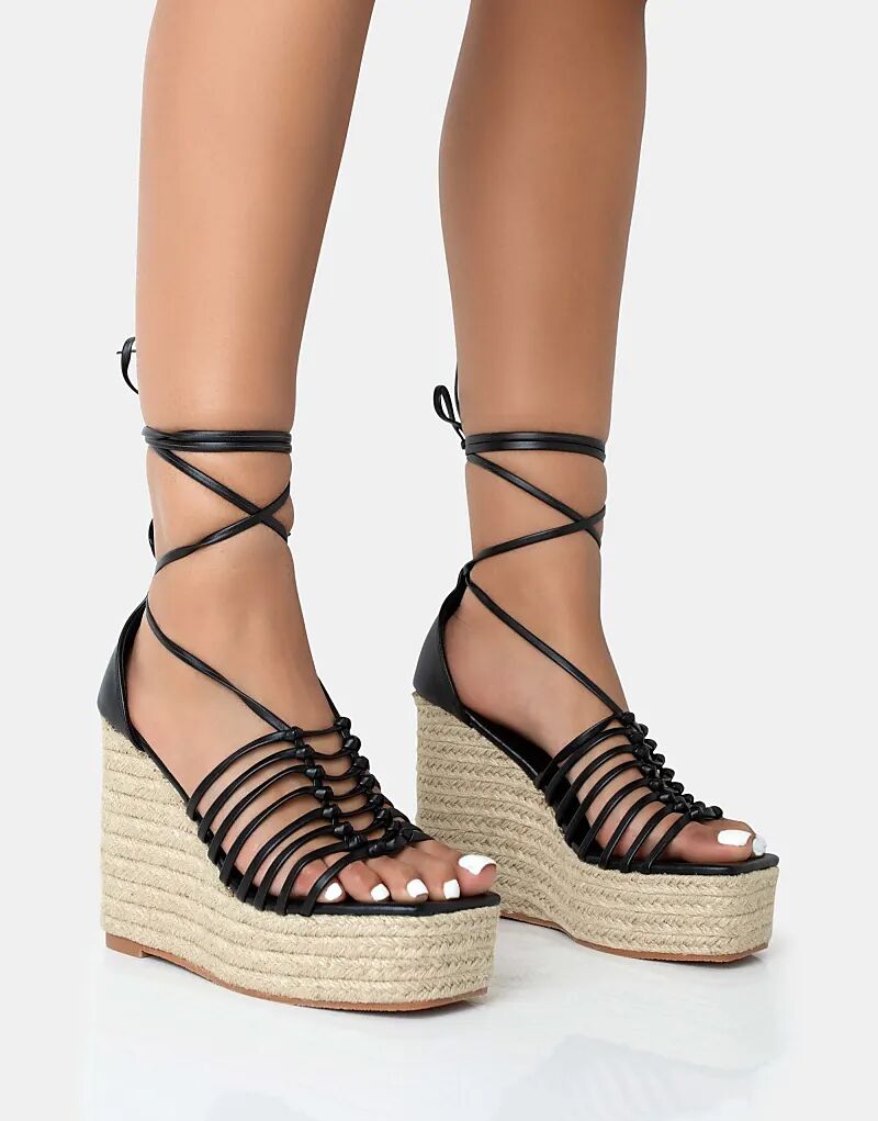 Туфли Public Desire Reece из рафии с завязками на ремешках и танкетке, черные, из искусственной кожи — фото 4