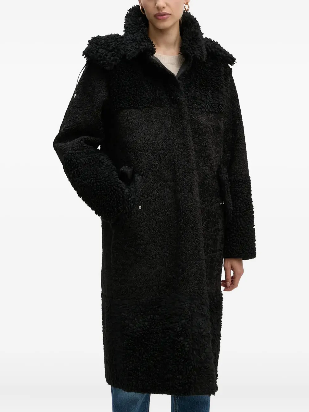 

Однобортное пальто из флиса с капюшоном BOSS, черный