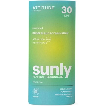 

ATTITUDE Минеральный солнцезащитный стик с оксидом цинка SPF 30, проверен EWG, не содержит пластика, широкий спектр защиты от UVA/UVB, дерматологически протестирован, веганский, без запаха, 60 г