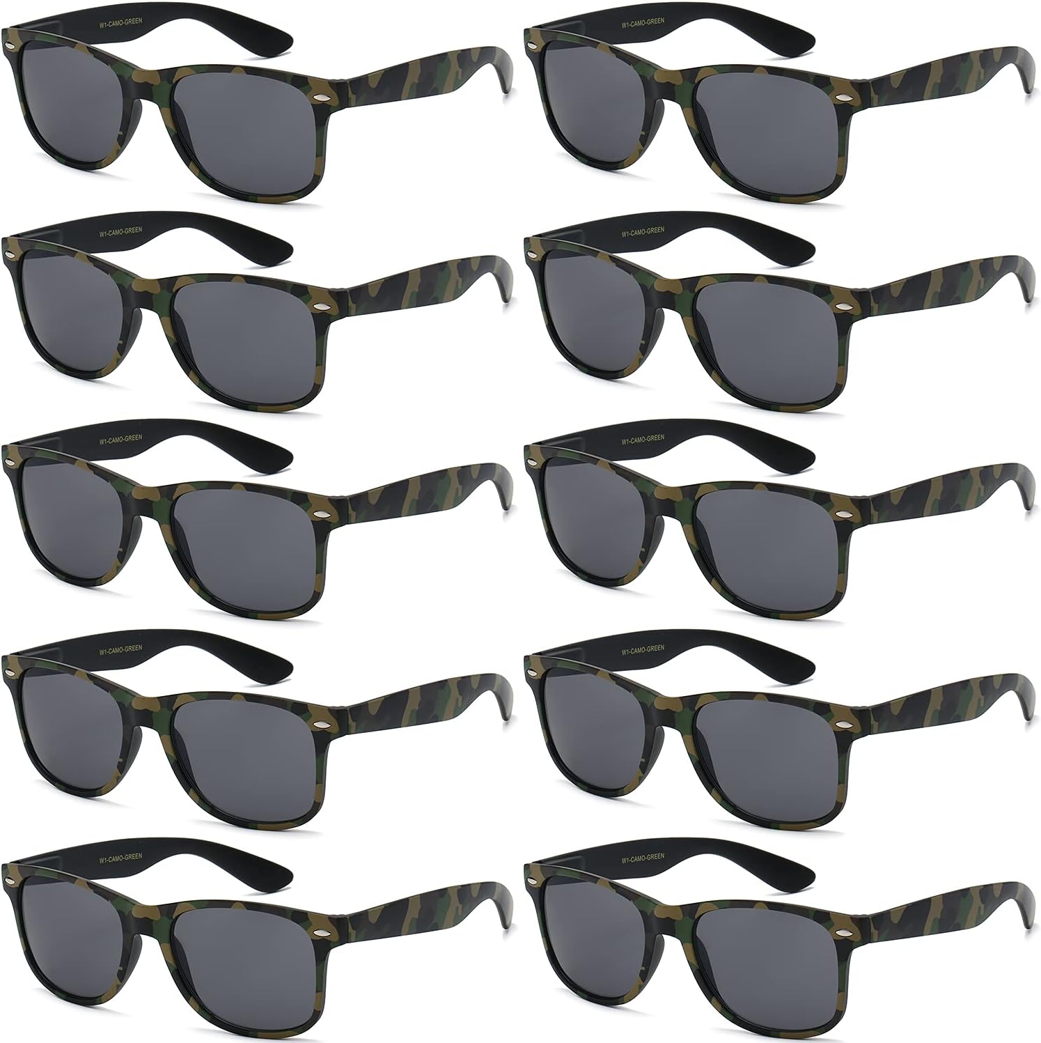 

Солнцезащитные очки с защитой от УФ-излучения для мужчин и женщин – легкие и прочные, унисекс, в стиле ретро 80-х, с гибкими шарнирами, упаковка из 10 штук Got Shades, Matte Black + Green Camo | Smoke