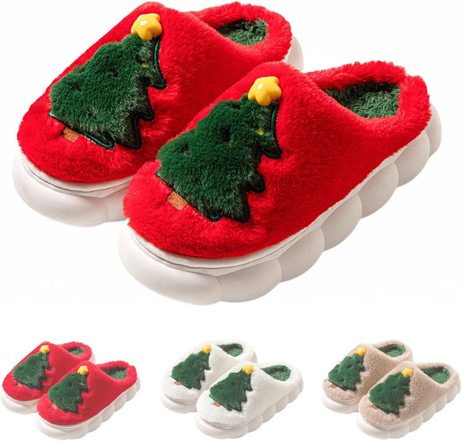 

Рождественские тапочки для женщин и мужчин- домашние тапочки с плюшевой застежкой и памятью формы, противоскользящие для дома и улицы, с 3D-дизайном Санта/Рождественская елка Generic, красный