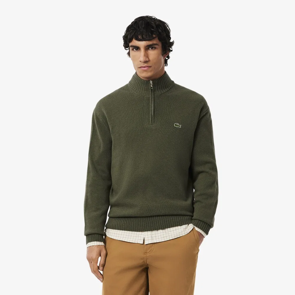 Мужской шерстяной свитер на полумолнии хаки от Lacoste