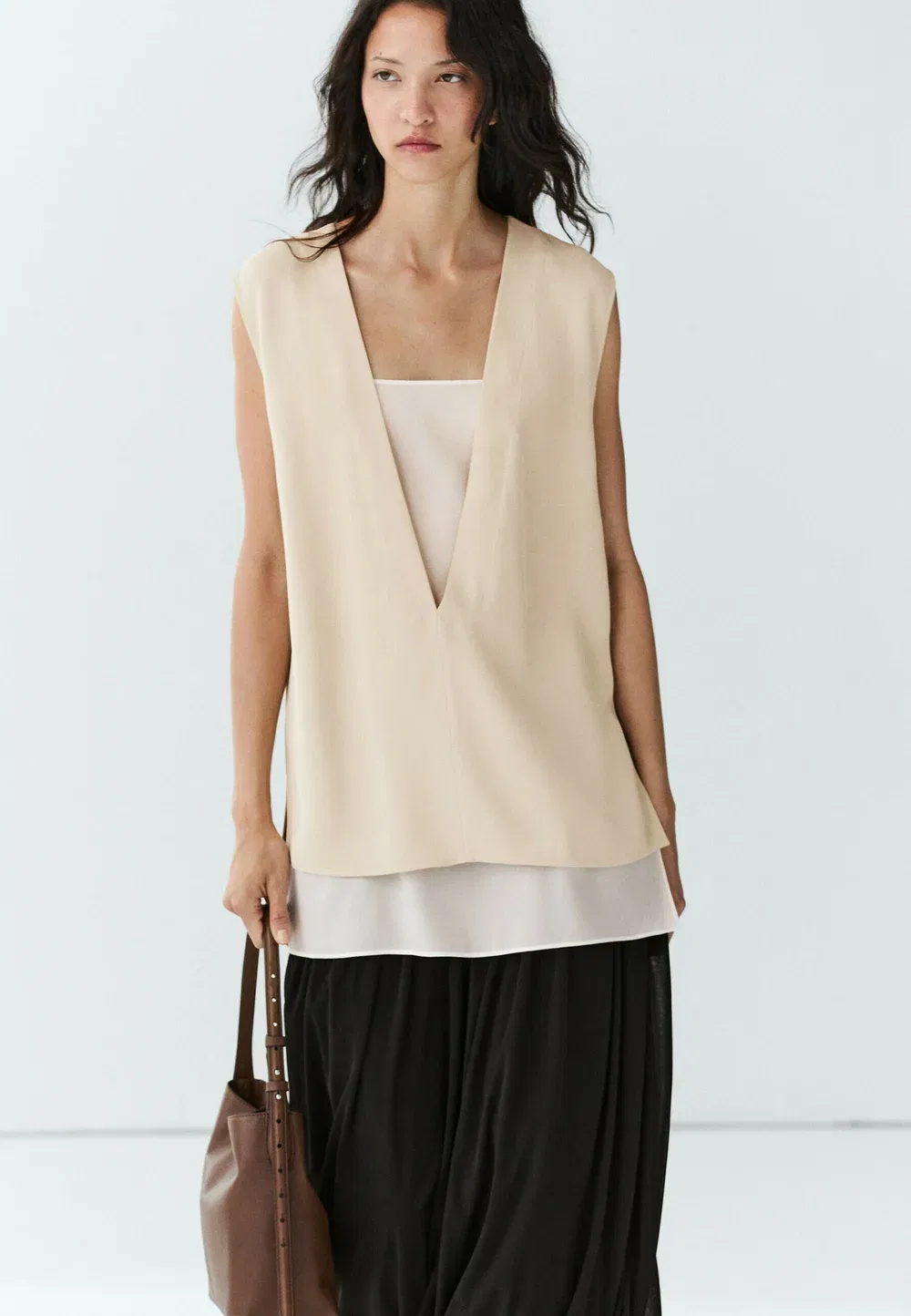 Струящаяся двухслойная блузка с контрастными деталями Massimo Dutti, Beige