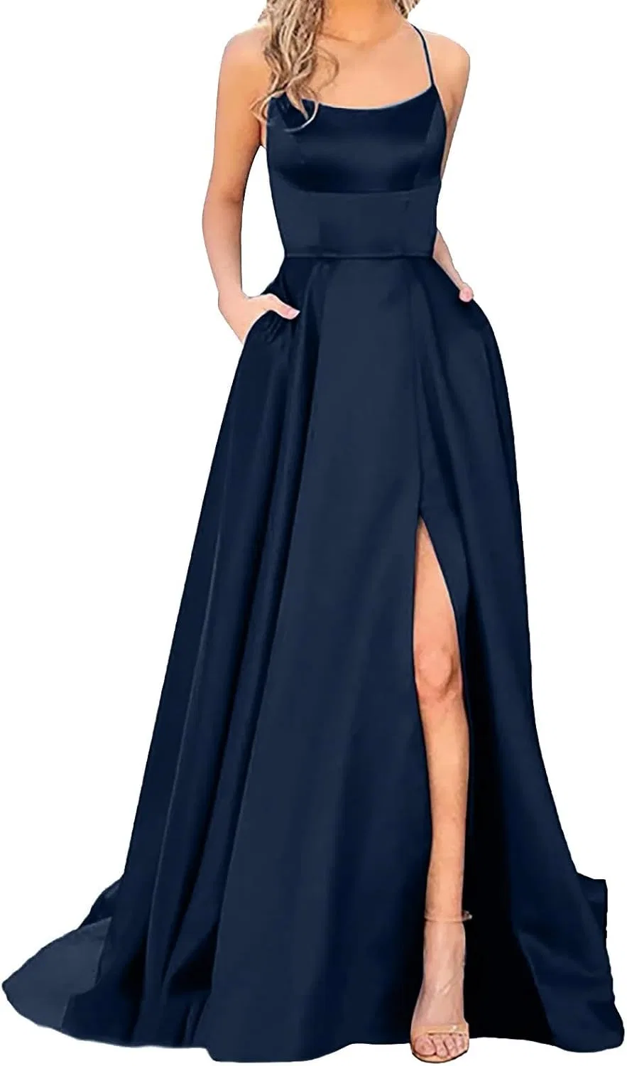 Женское длинное платье с карманами из сатина Halter Spaghetti Strap, Dark Blue