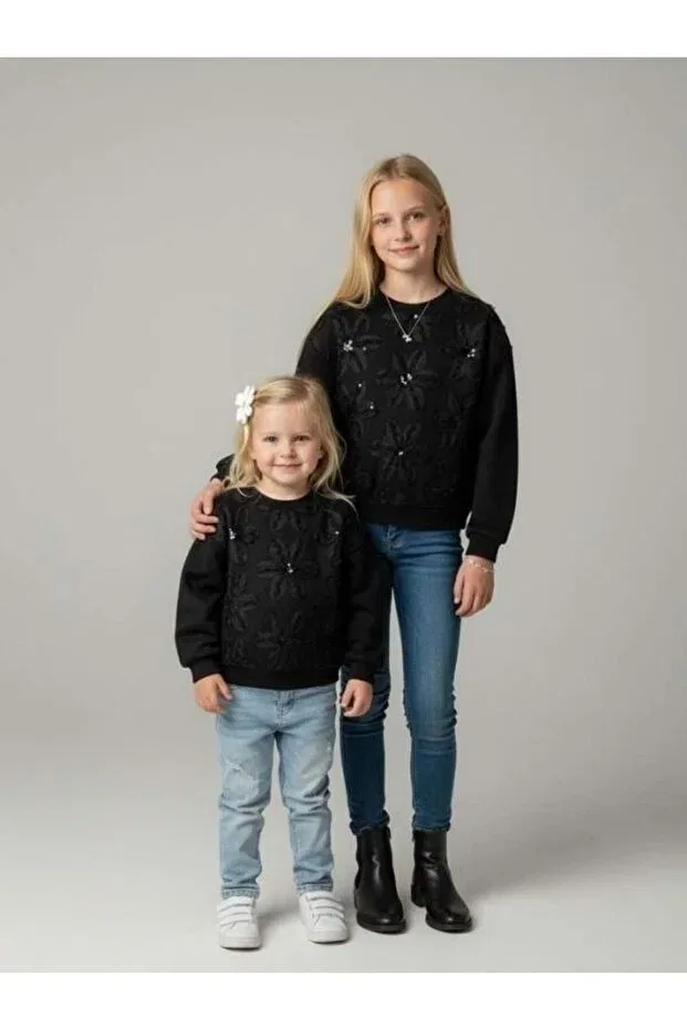 Детские свитшот для девочек с принтом Girl's flower embroidered design Zekids, Черный
