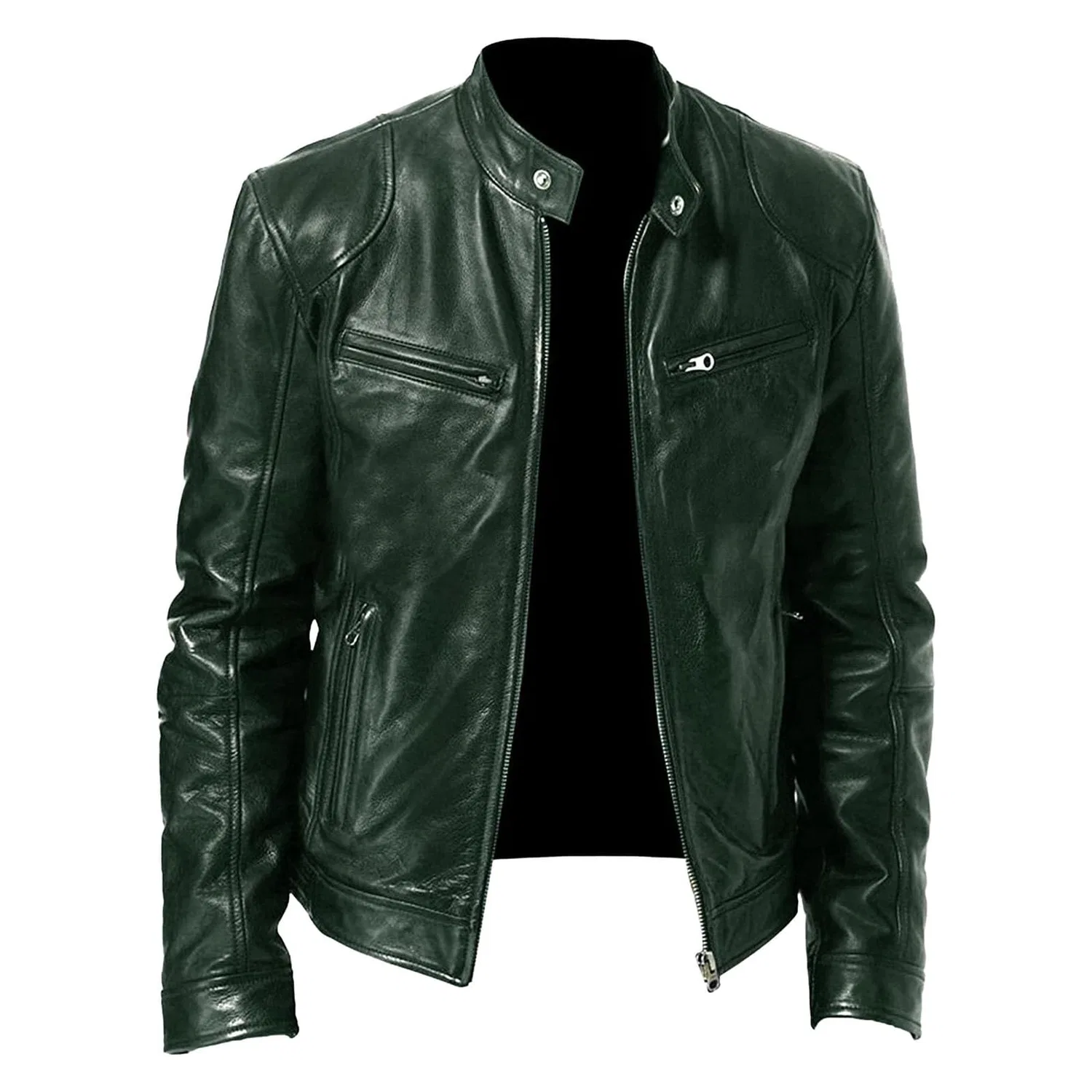 Мужская куртка-косуха из искусственной кожи с воротником-стойкой, dark green