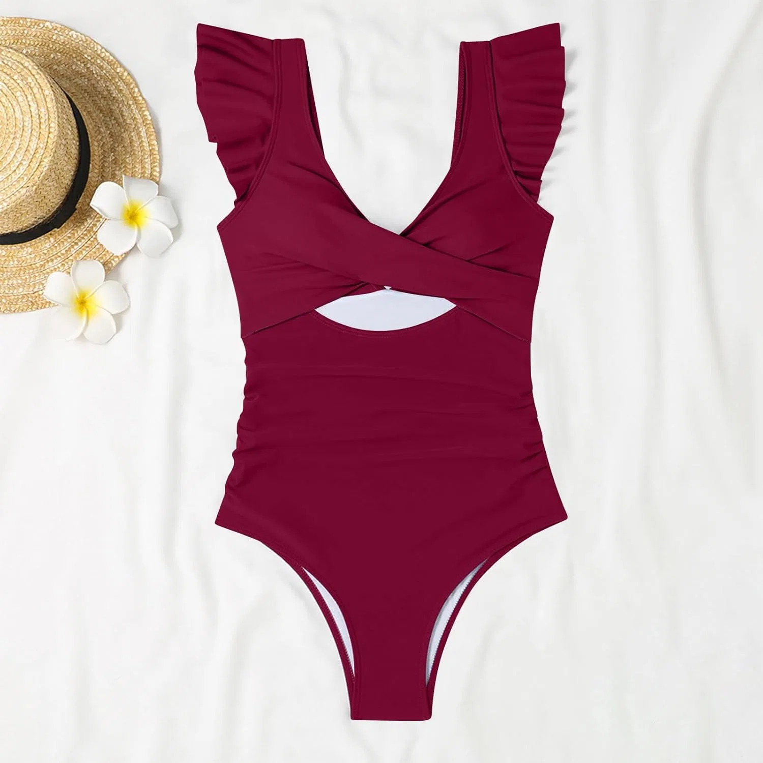 Женский цельнокроеный купальник с рюшами Athletic Swimsuit, Wine — фото 3