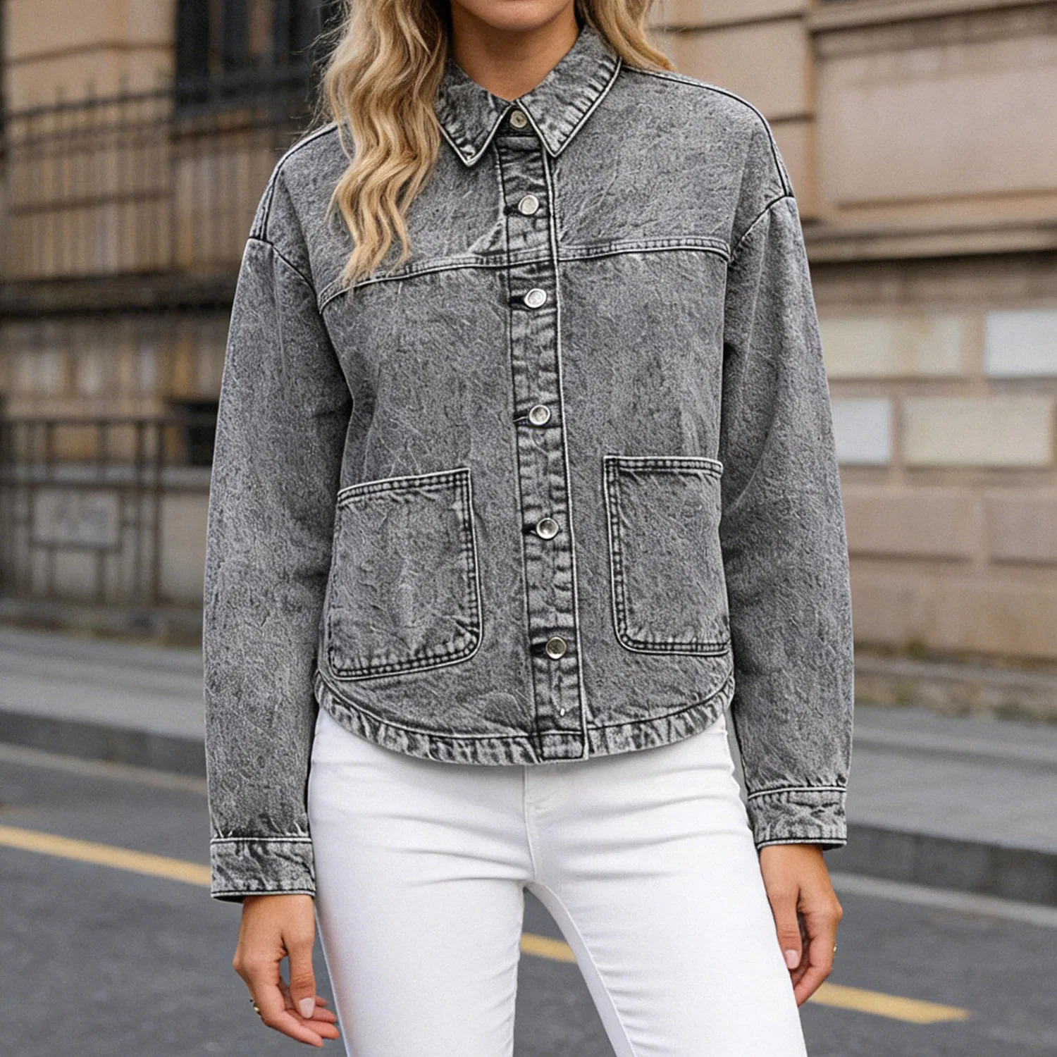 Женская джинсовая куртка oversize с длинным рукавом, Grigio — фото 2