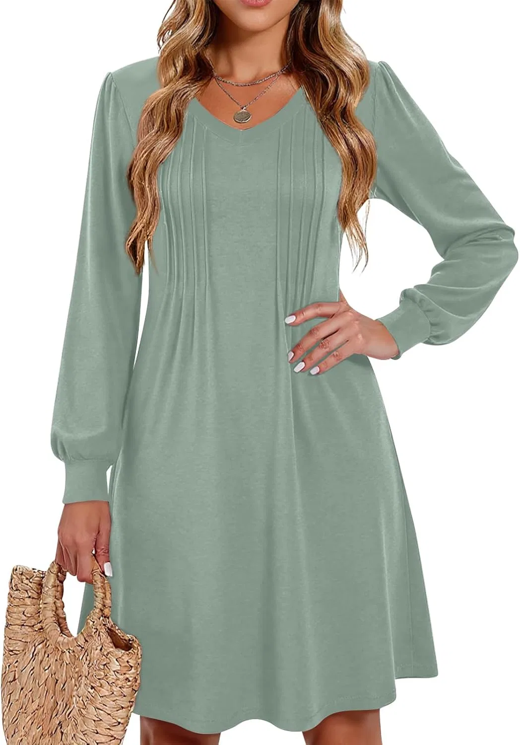 Женское платье A-силуэта с V-образным вырезом, Mint Green