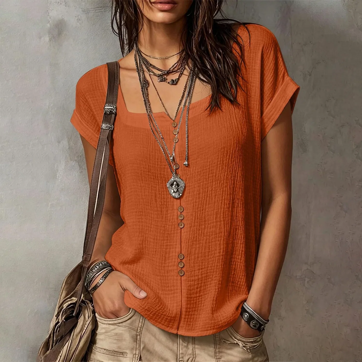 Женская льняная блуза с квадратным вырезом и коротким рукавом, Orange — фото 3