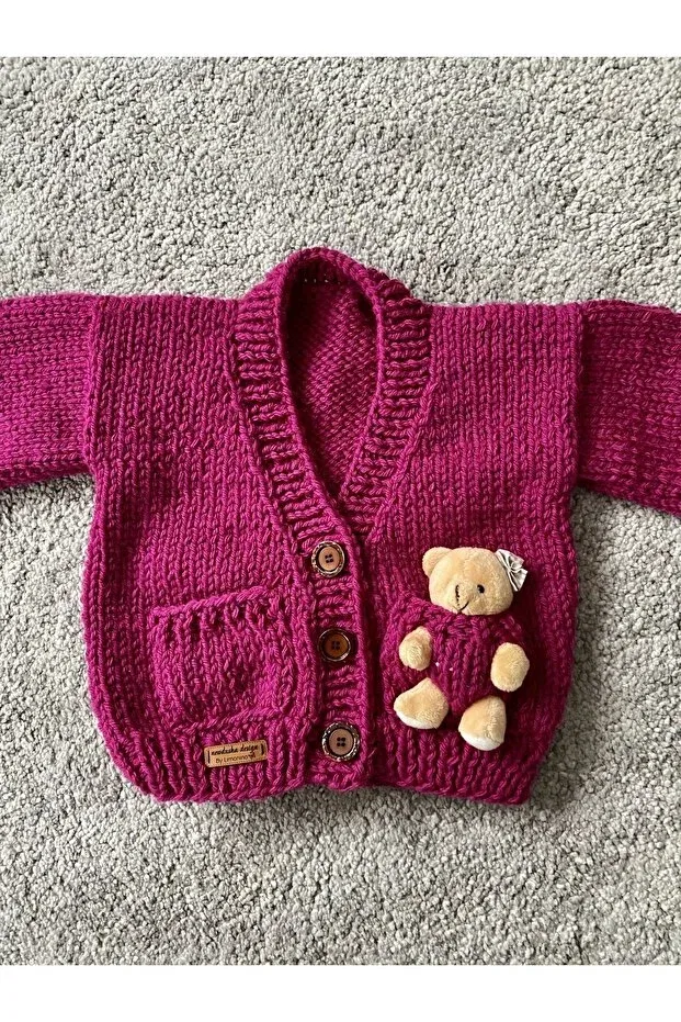 Детский кардиган для девочек с принтом Hand Knitted Teddy Bear Detailed Nevalin, Pink — фото 3