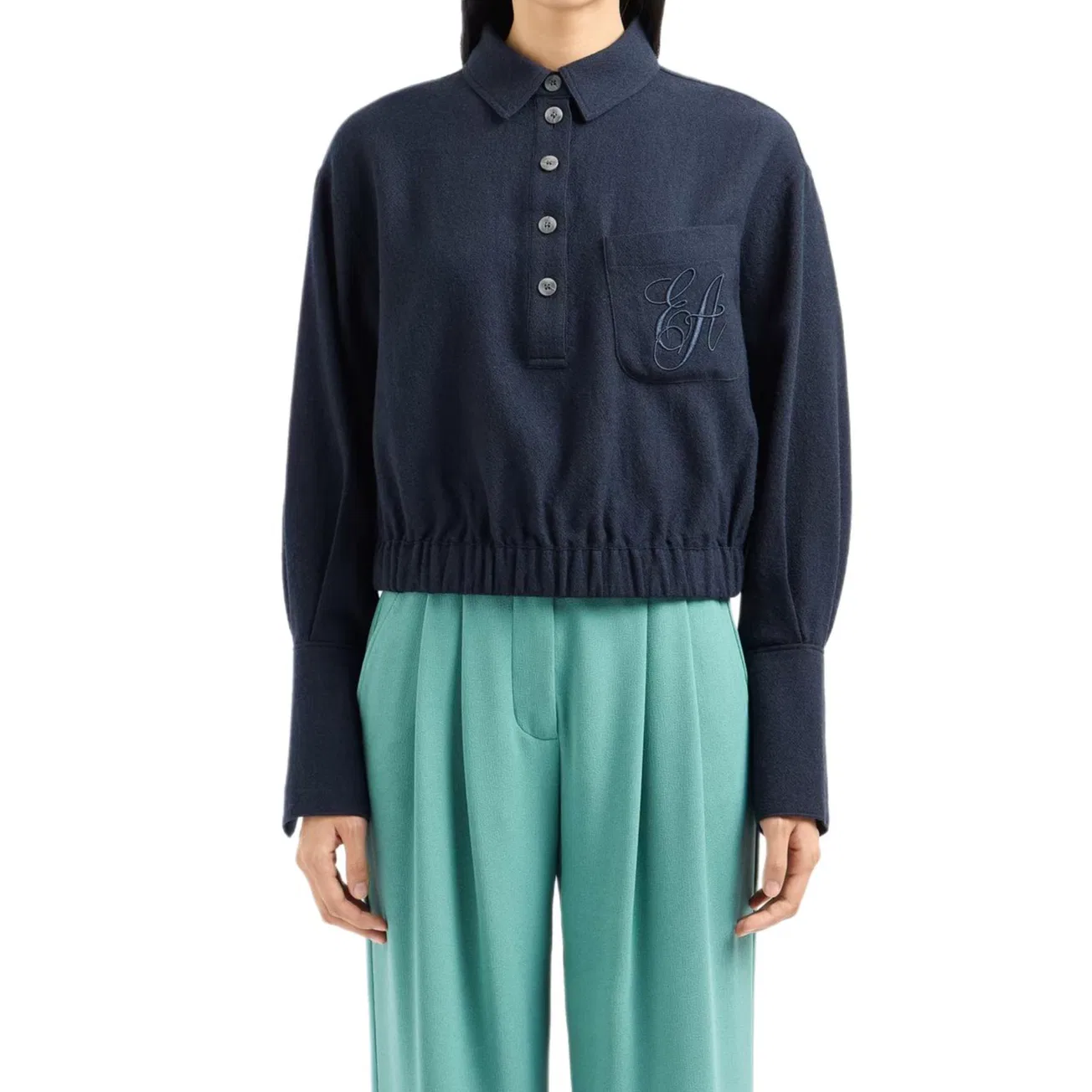 Женская рубашка из крепа с поло-воротником и вышивкой EA Signature Embroidered EMPORIO ARMANI, Indigo — фото 3