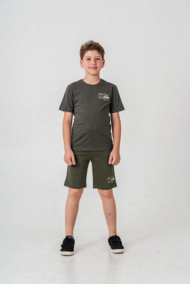 Детский комплект для мальчиков с принтом New York City Printed Boys Shorts - T-shirt Set Mışıl Kids, Khaki