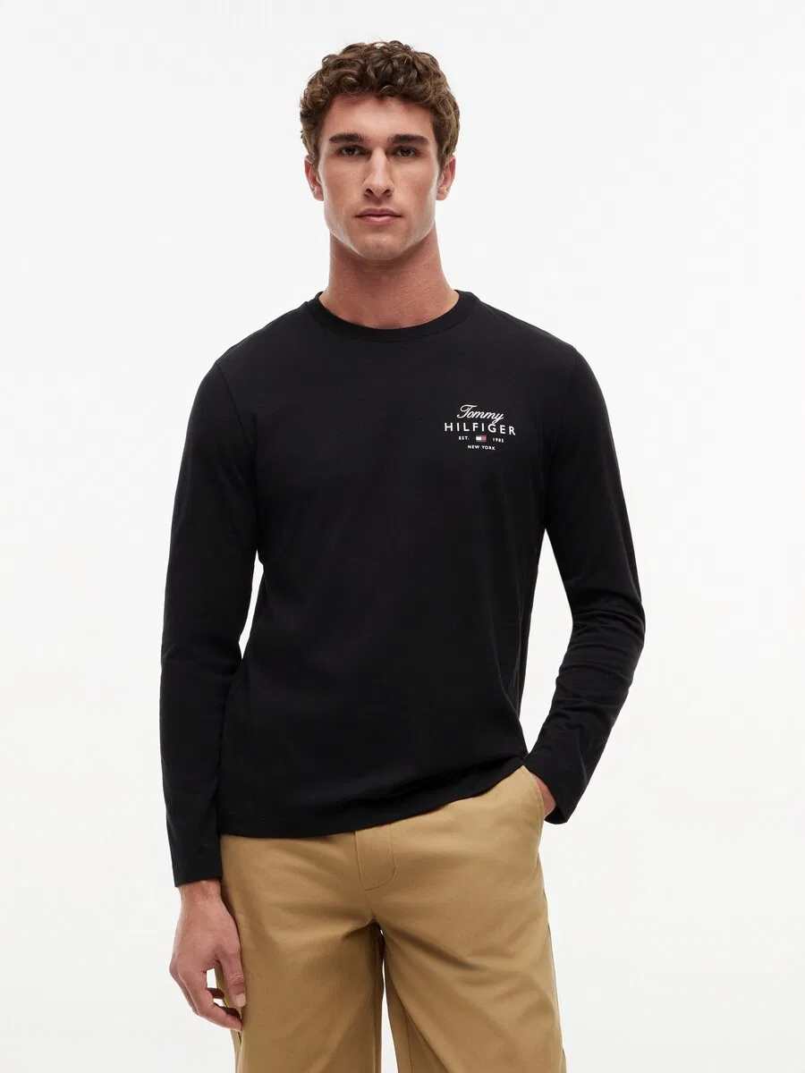 Футболка TOMMY HILFIGER с длинным рукавом и логотипом, черная — фото 3