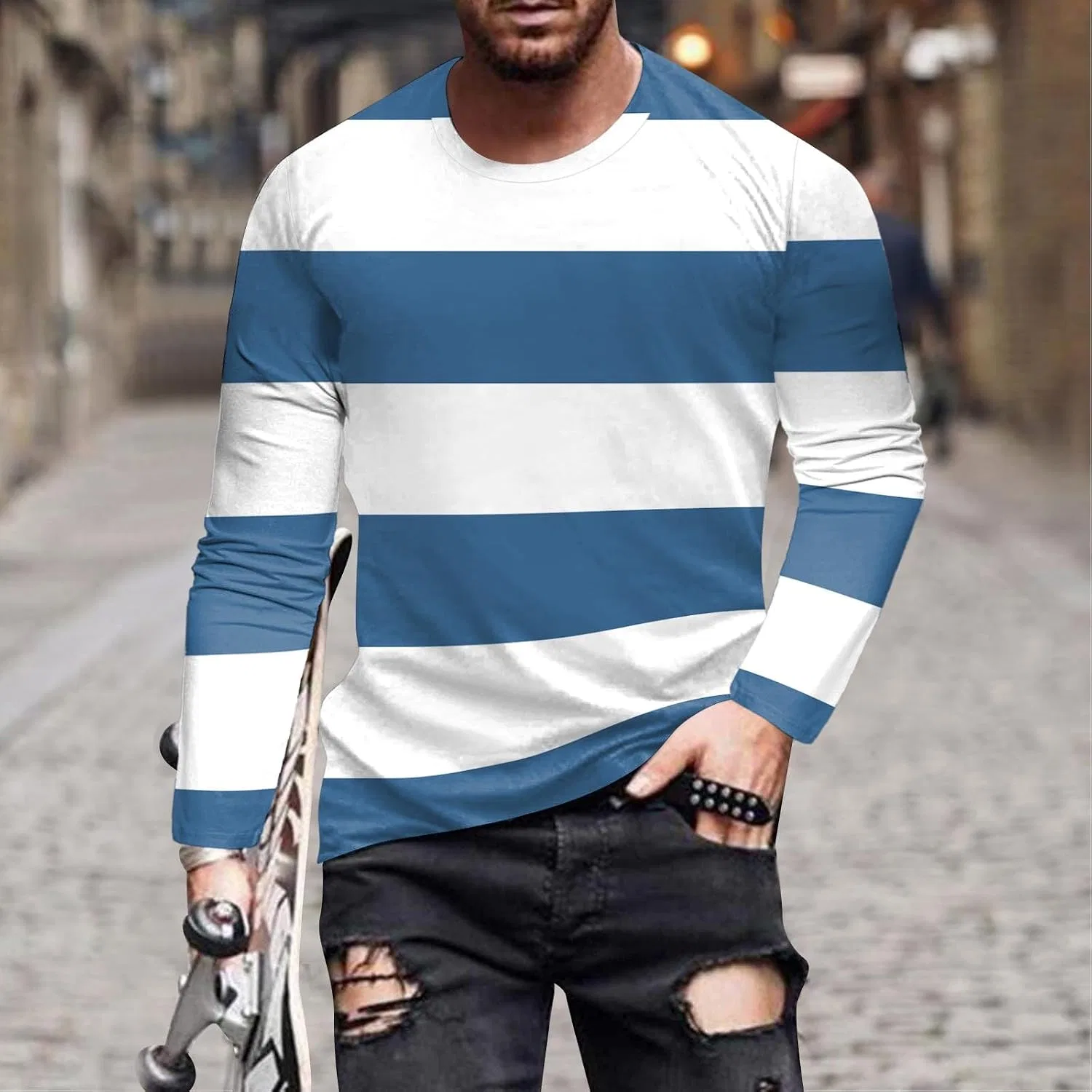 Мужская свободная футболка с длинным рукавом Orange Striped, Blue — фото 2