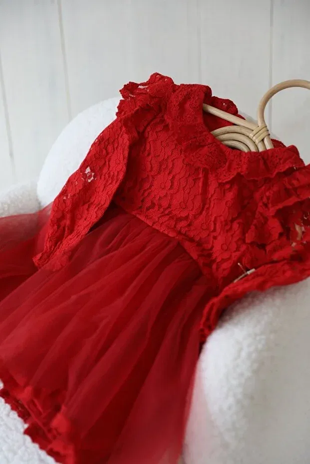 Детское платье для девочек с кружевом Red Guipure And Tutu Detailed 100% Cotton Inner Lined Girls' Dress Little Coco, Red